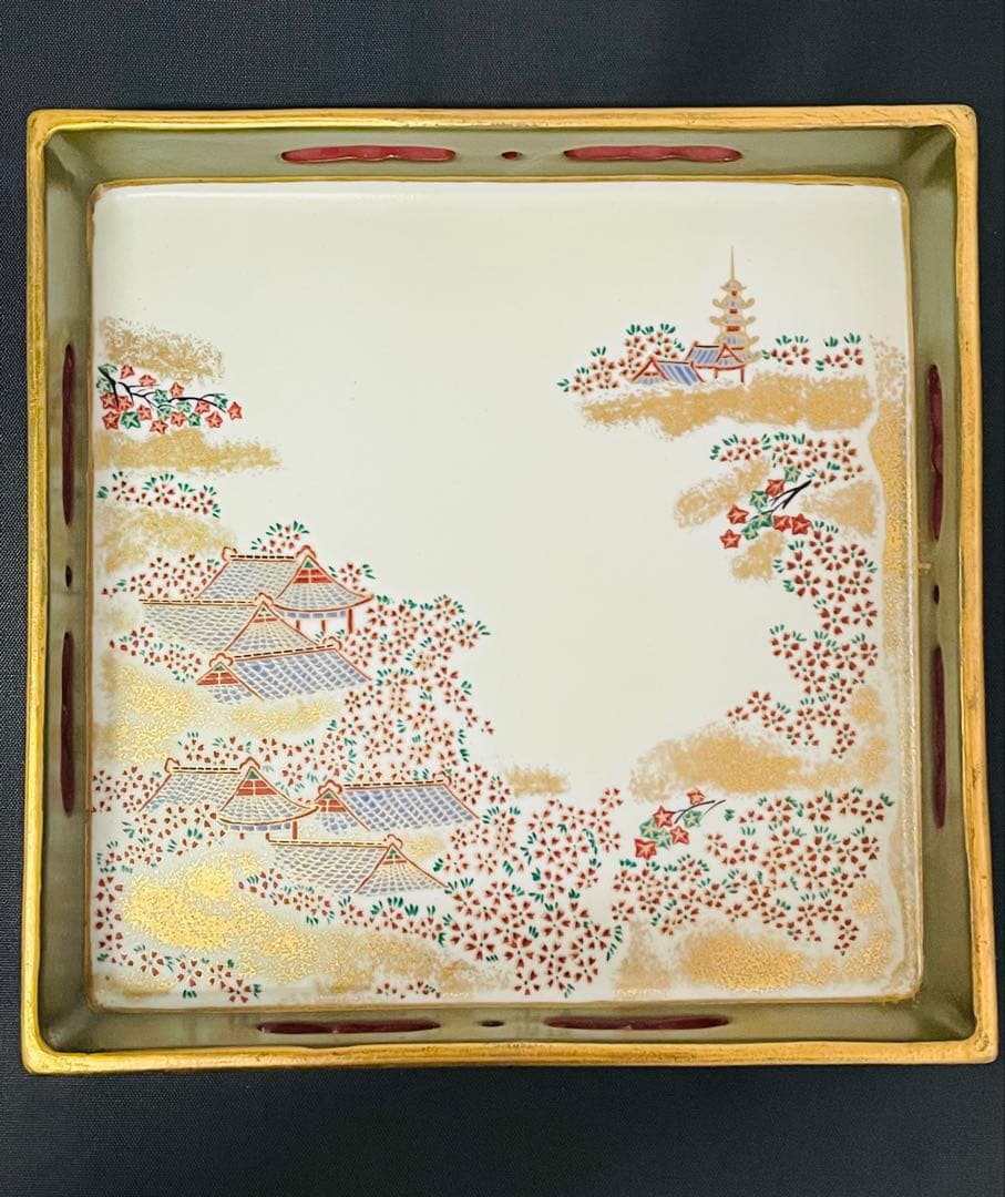 有田焼手描き春文桜図陶磁器四角皿 日本の風景