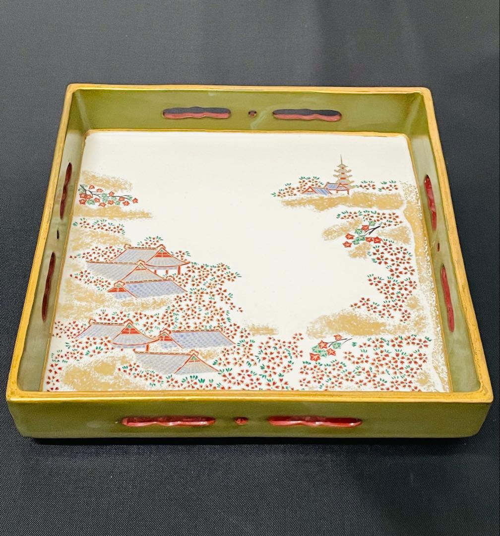 有田焼手描き春文桜図陶磁器四角皿 日本の風景