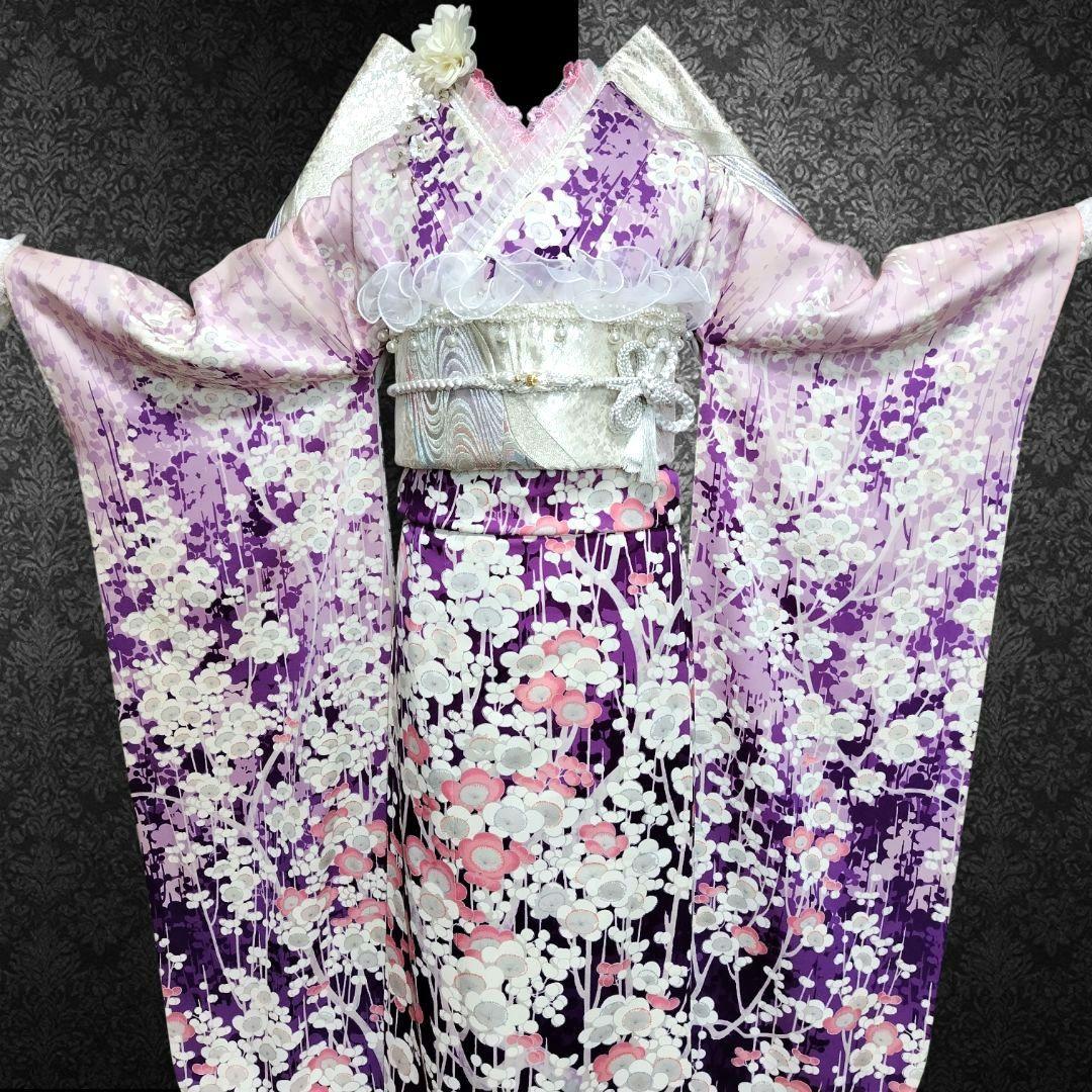振袖フルセット(8点)・成人式・くすみ・紫・ピンク・胴裏正絹・ガード加工