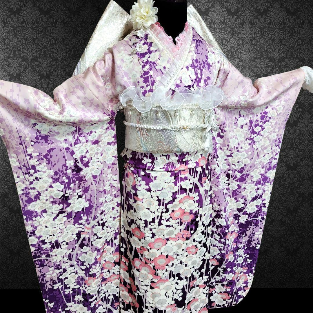振袖フルセット(8点)・成人式・くすみ・紫・ピンク・胴裏正絹・ガード加工