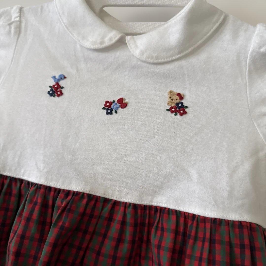 ファミリア 90 刺繍付き白赤チェックワンピース