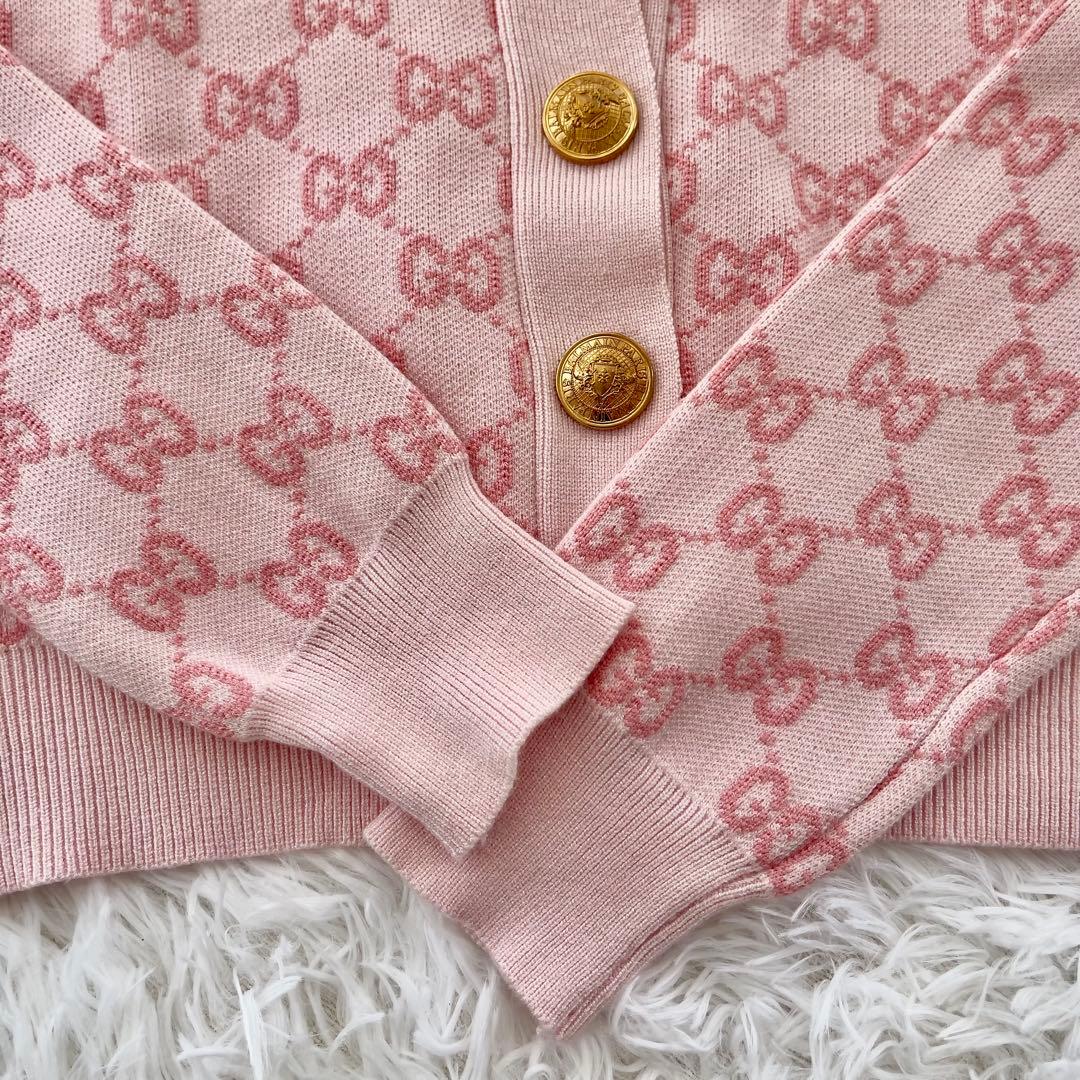 【希少】GUCCI グッチ GGコットン カーディガン ピンク×ゴールド