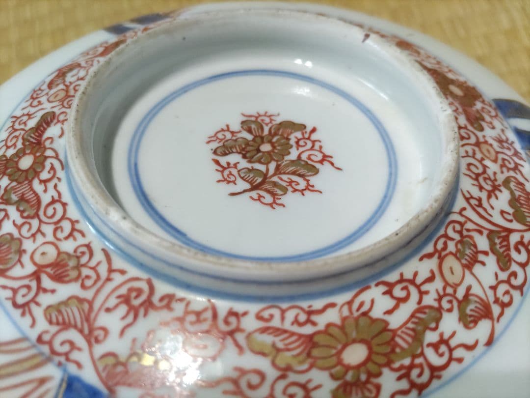 時代！金唐草花籠図　古伊万里 金彩 色絵 八角鉢（対角径27cm）花銘
