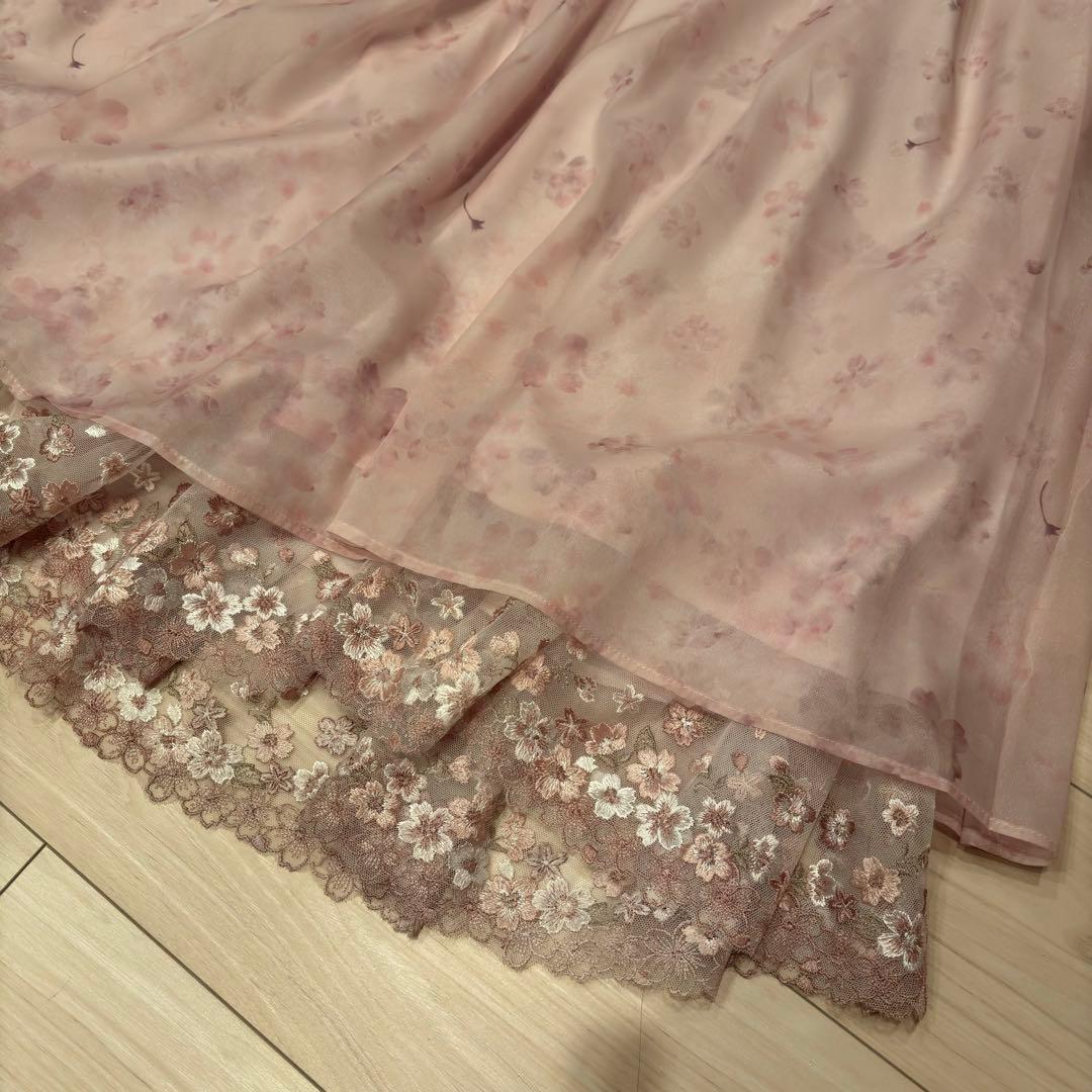 Axes Femme 桜 レース × 桜柄 ロング フレア スカート ピンク