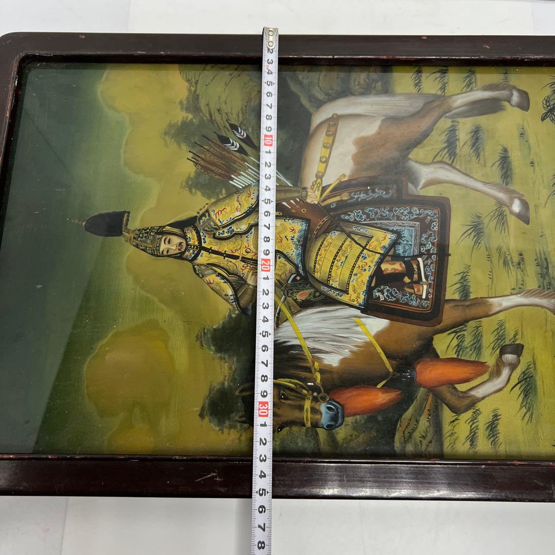 専用　中国古玩　中国人物馬図　ガラス絵　金具込縦56㎝　東Y8-0205☆2F