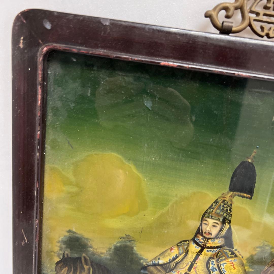 専用　中国古玩　中国人物馬図　ガラス絵　金具込縦56㎝　東Y8-0205☆2F