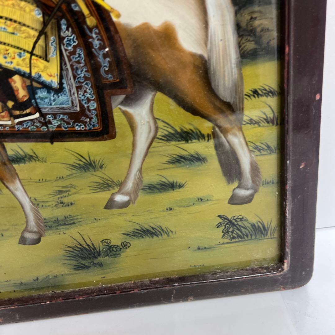 専用　中国古玩　中国人物馬図　ガラス絵　金具込縦56㎝　東Y8-0205☆2F