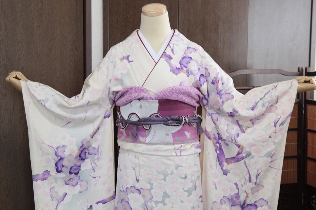 振袖フルセット 正絹 美品 白色 紫色 成人式 前撮り 卒業式 振袖