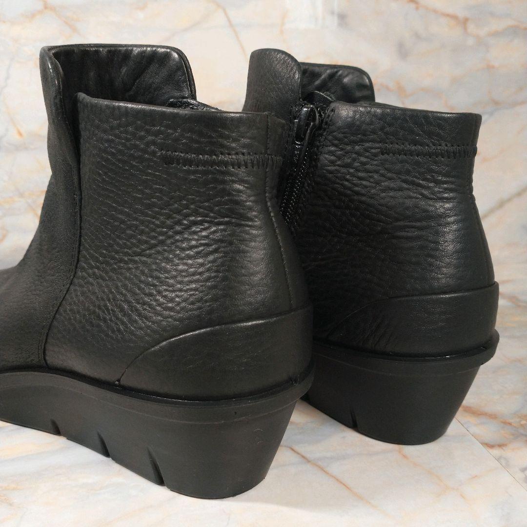 美品 ECCO 本革 ショートブーツ サイドジップ シボ革 黒 38