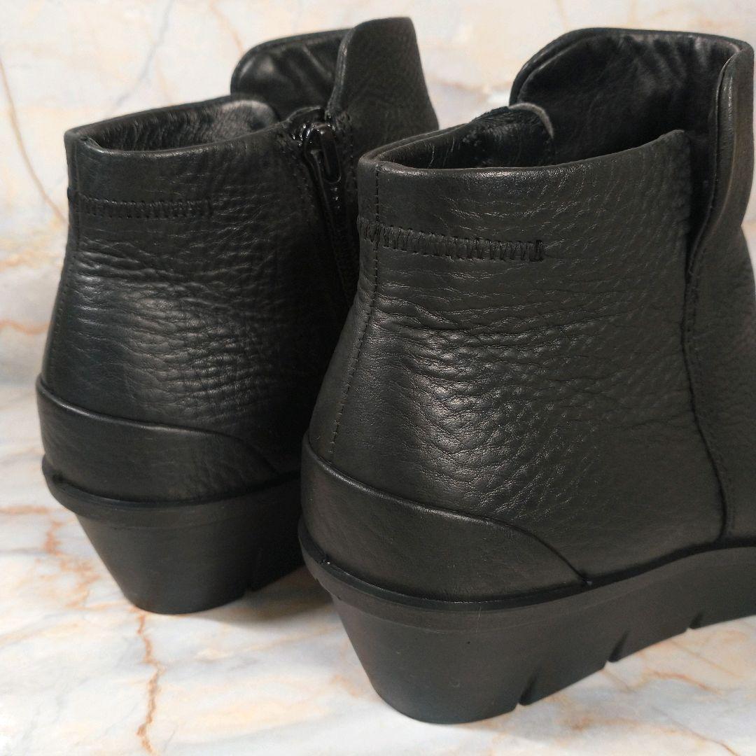 美品 ECCO 本革 ショートブーツ サイドジップ シボ革 黒 38