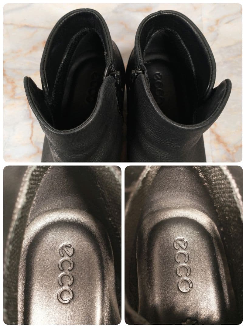 美品 ECCO 本革 ショートブーツ サイドジップ シボ革 黒 38