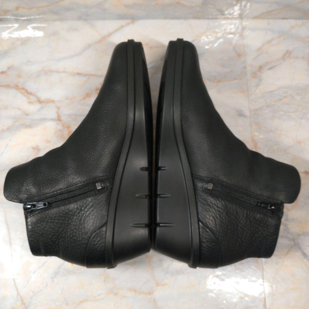 美品 ECCO 本革 ショートブーツ サイドジップ シボ革 黒 38