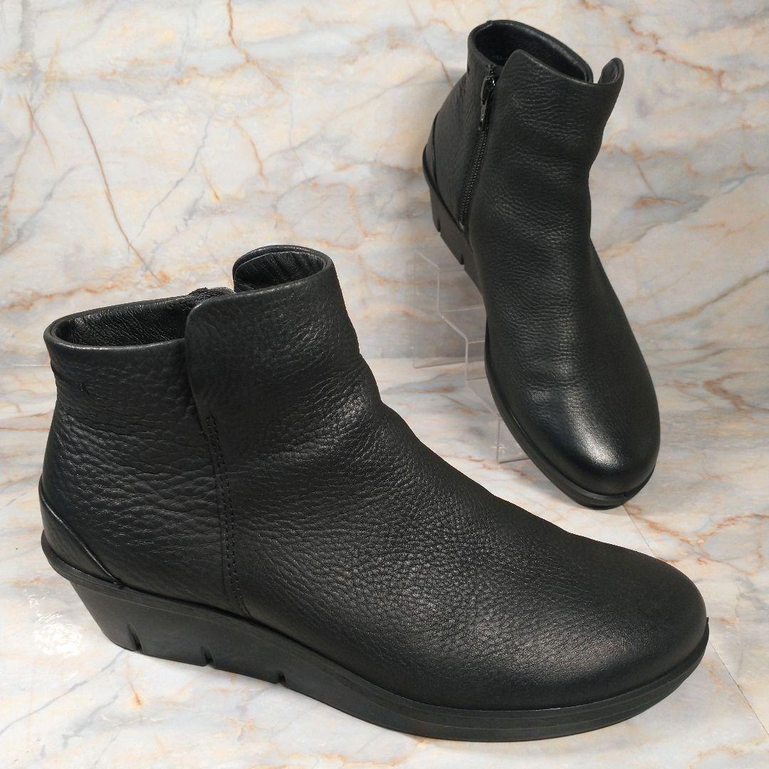 美品 ECCO 本革 ショートブーツ サイドジップ シボ革 黒 38