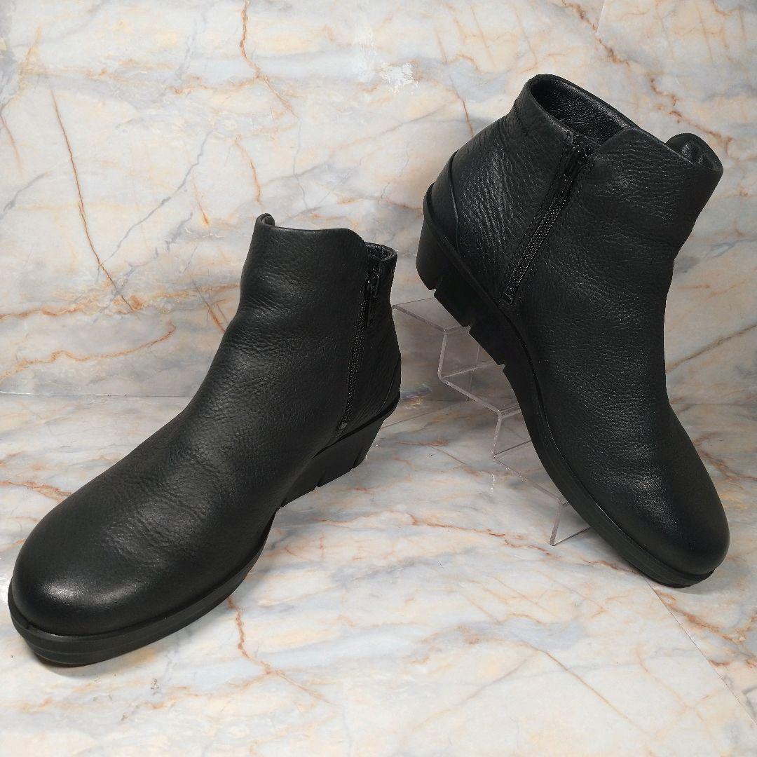 美品 ECCO 本革 ショートブーツ サイドジップ シボ革 黒 38