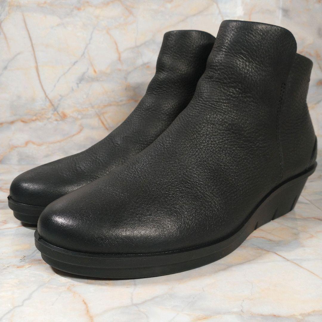 美品 ECCO 本革 ショートブーツ サイドジップ シボ革 黒 38