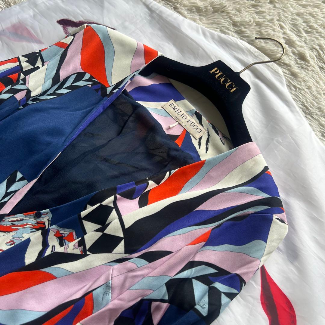 【美品】EMILIO PUCCI プッチ柄ワンピース ブルー カンカン素材 M