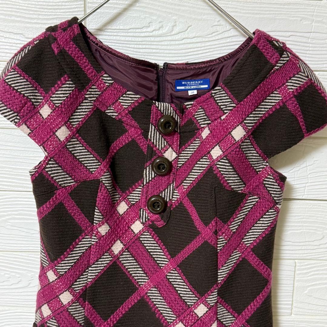 極美品　バーバリー ブルーレーベル ノバチェック ウール ワンピース 38 M