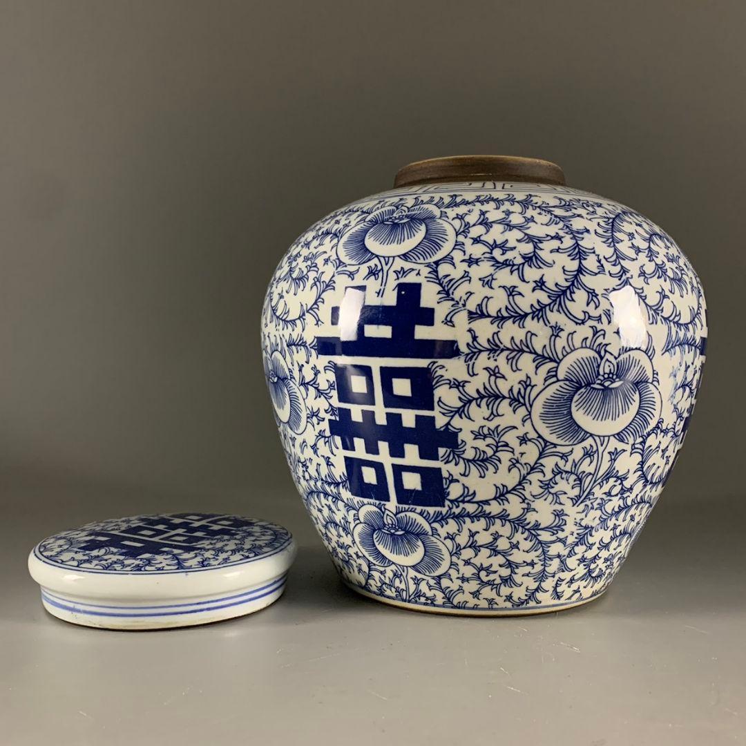 青花喜字缶 茶缶 茶道具 景徳鎮 陶磁器 装飾品 現代工芸品 美術品 置物