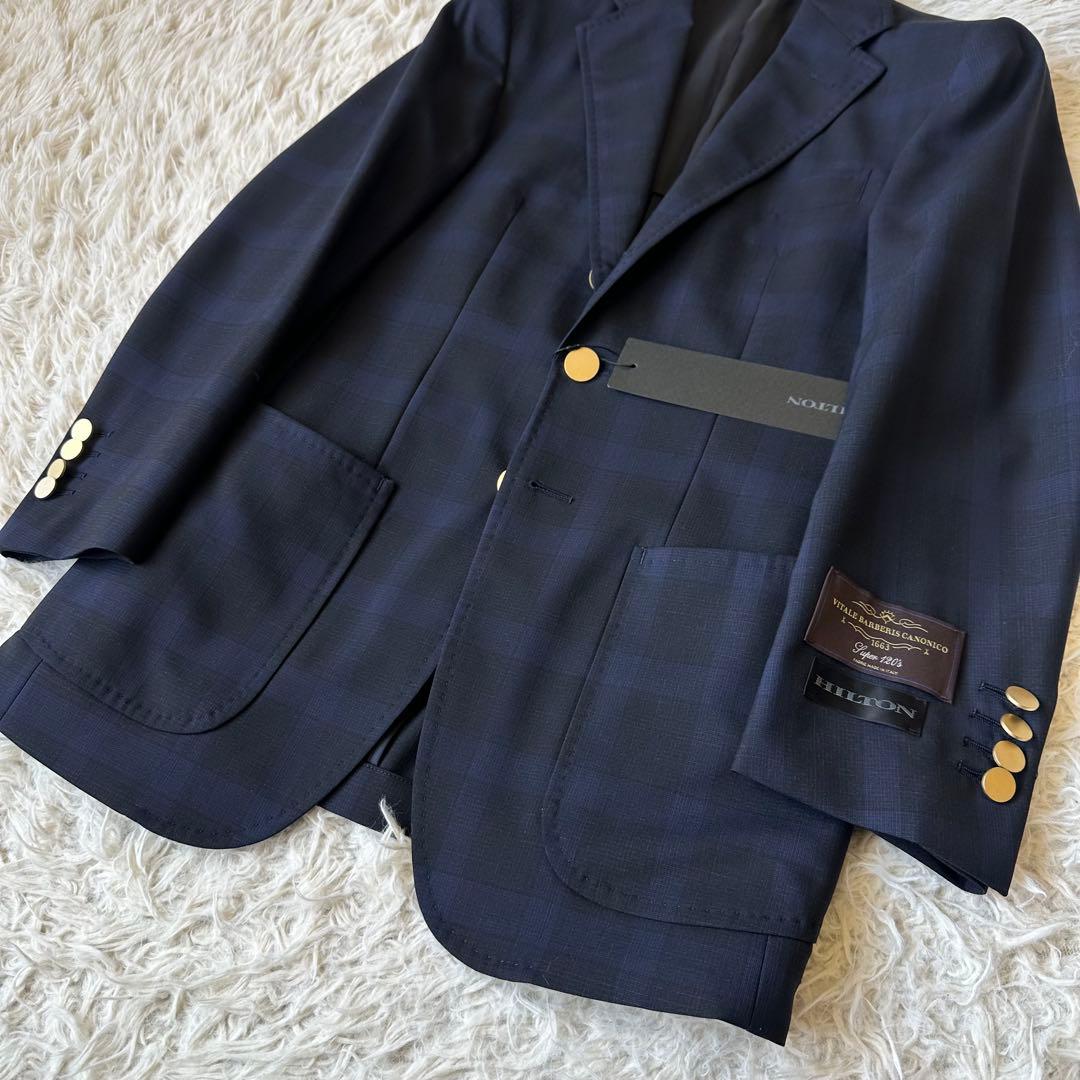 新品未使用✨紺ブレ　HILTON　カノニコ生地　金ボタン　チェック　青　段返り