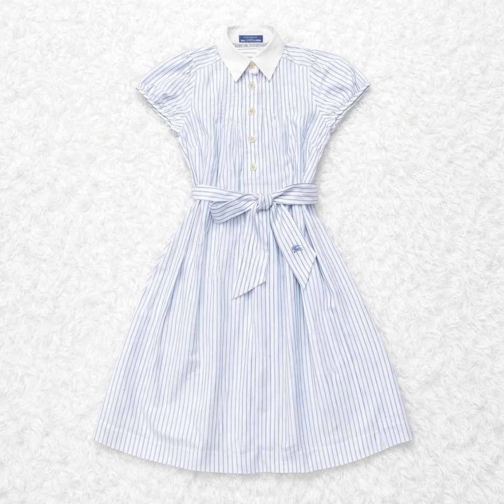 【美品】バーバリーブルーレーベル シャツワンピース ストライプ ベルト付 白×青