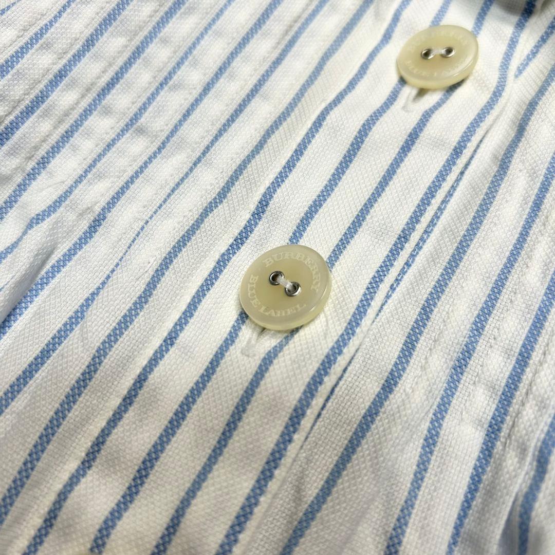 【美品】バーバリーブルーレーベル シャツワンピース ストライプ ベルト付 白×青