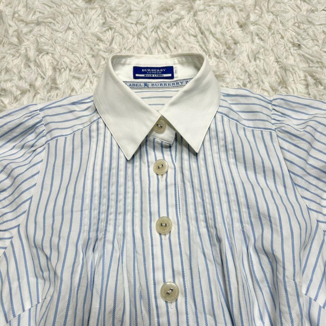 【美品】バーバリーブルーレーベル シャツワンピース ストライプ ベルト付 白×青