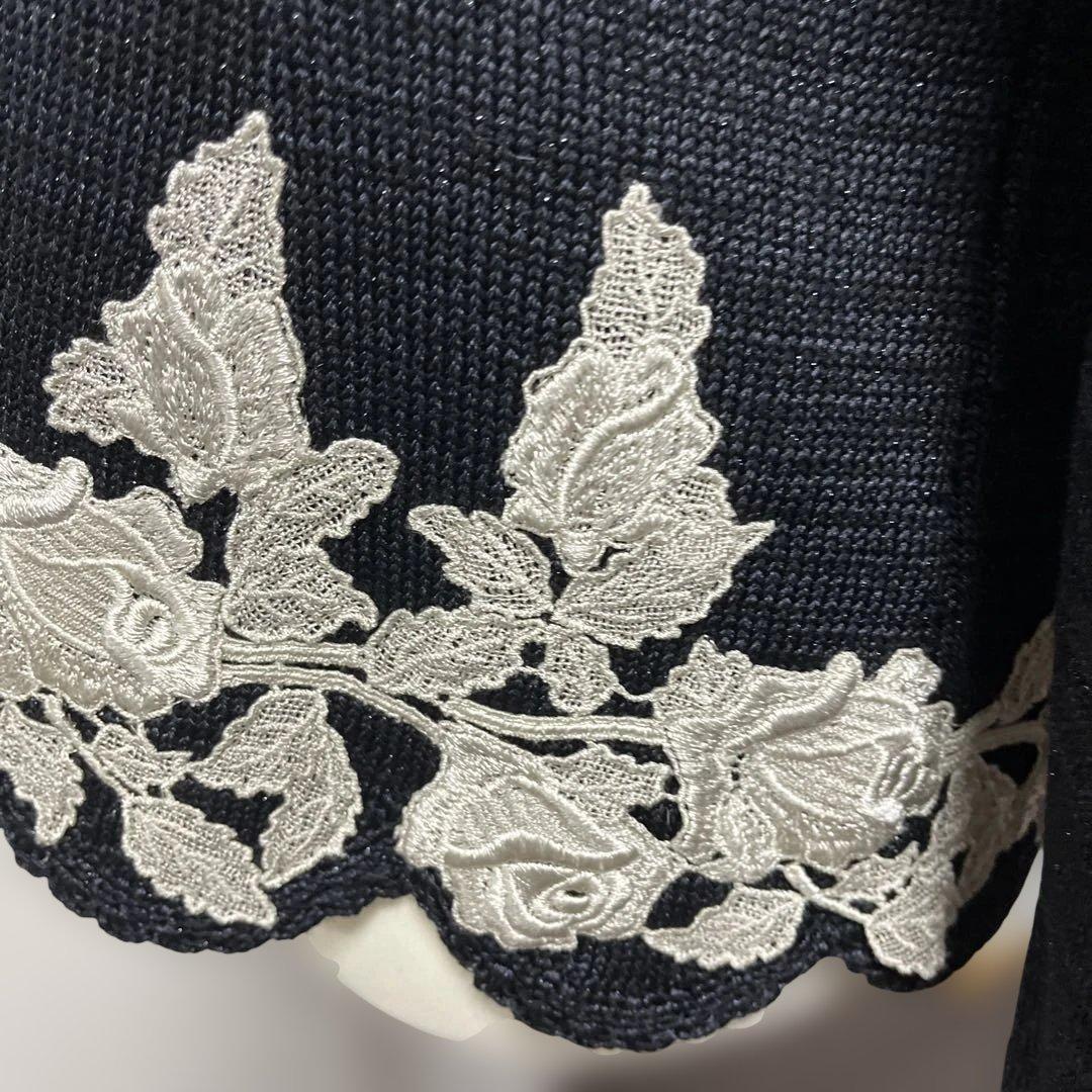 希少【ソワレドヒロミ】ハンドメイド バラ刺繍 ニットカーディガン 絹混 M 黒