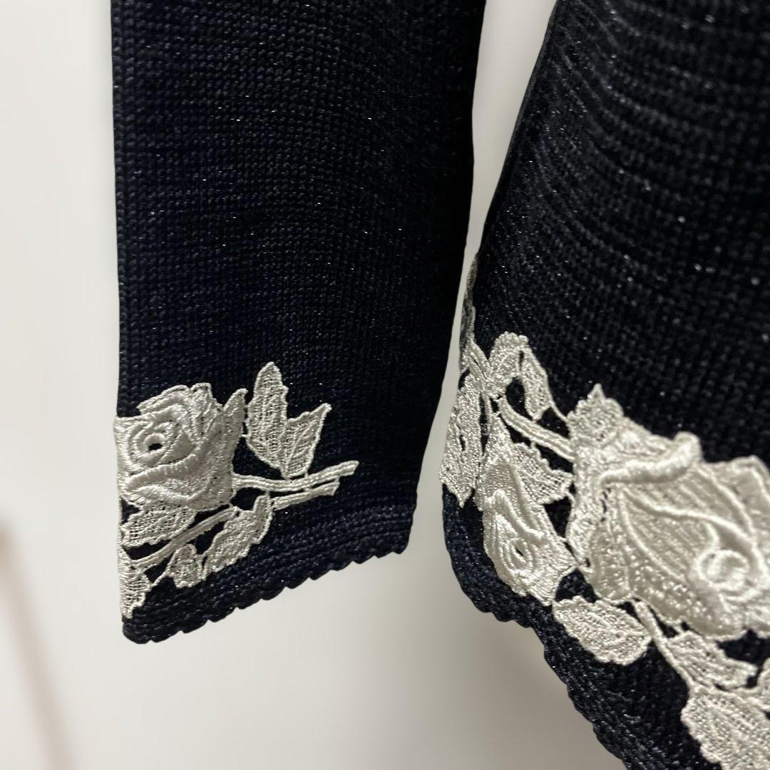 希少【ソワレドヒロミ】ハンドメイド バラ刺繍 ニットカーディガン 絹混 M 黒