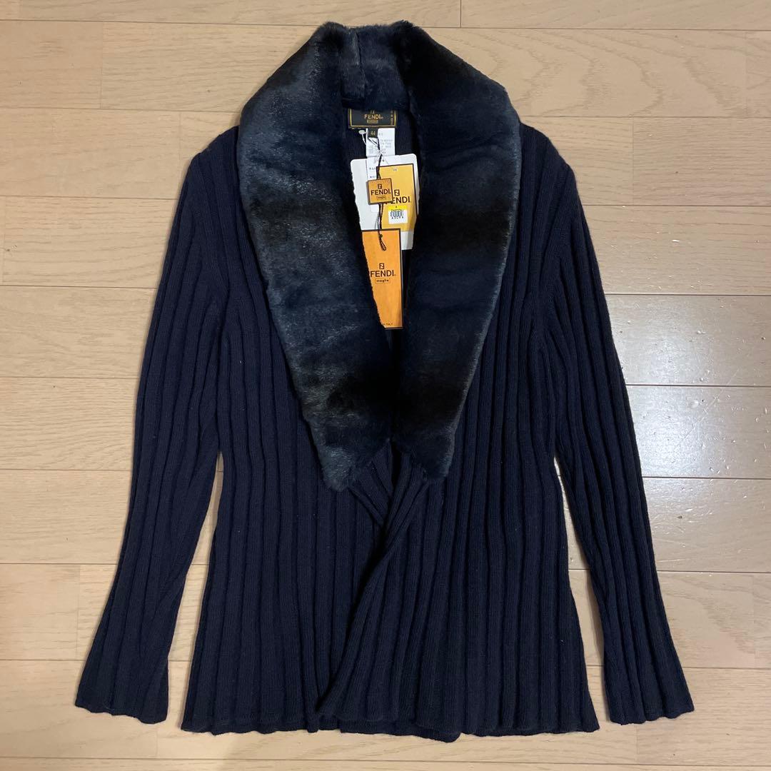 FENDI ファー付きリブ編みカーディガンベルト有り ネイビー 44