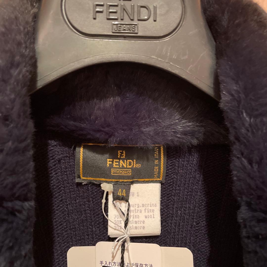 FENDI ファー付きリブ編みカーディガンベルト有り ネイビー 44