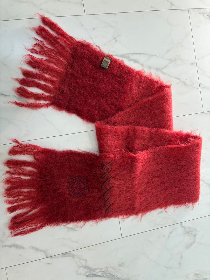 LOEWE アナグラム刺繍 モヘヤ フリンジマフラー　朱色