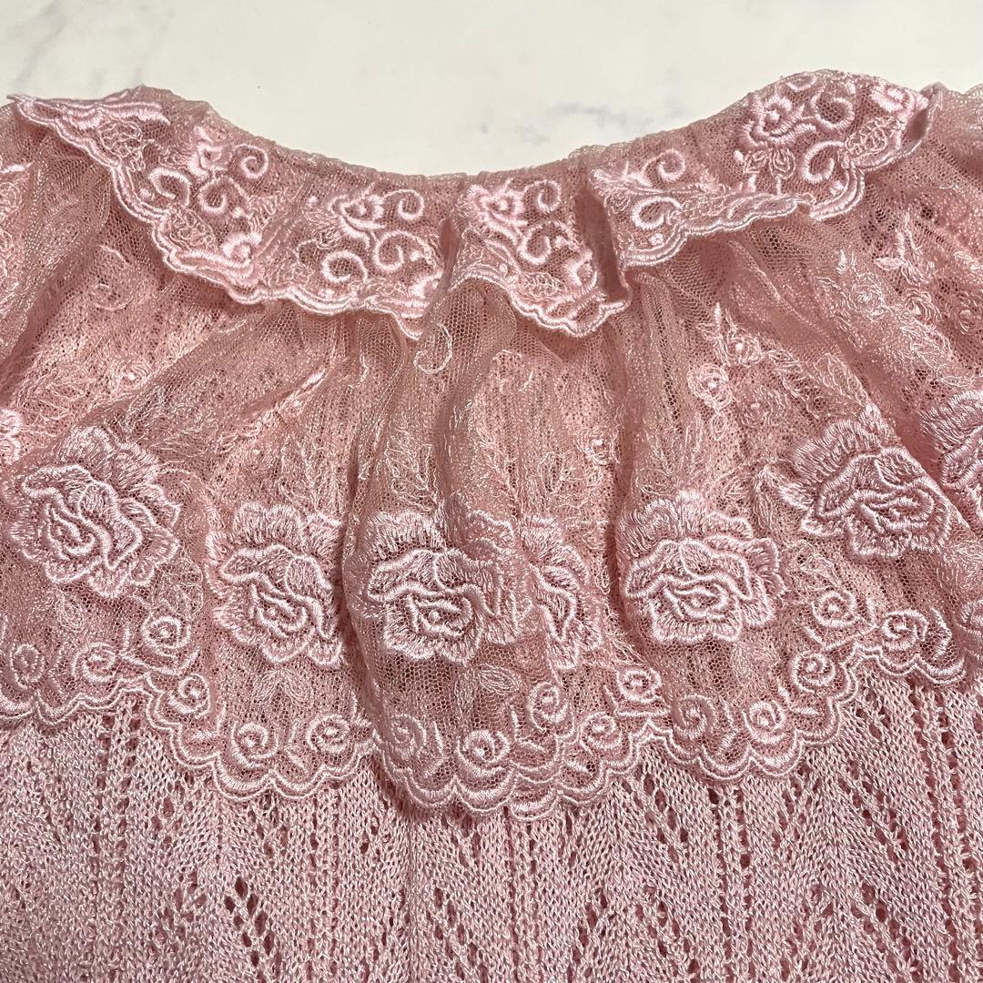 極美品♪アトリエまりこ レース襟 カーディガン お花刺繍 透かし編み ピンク