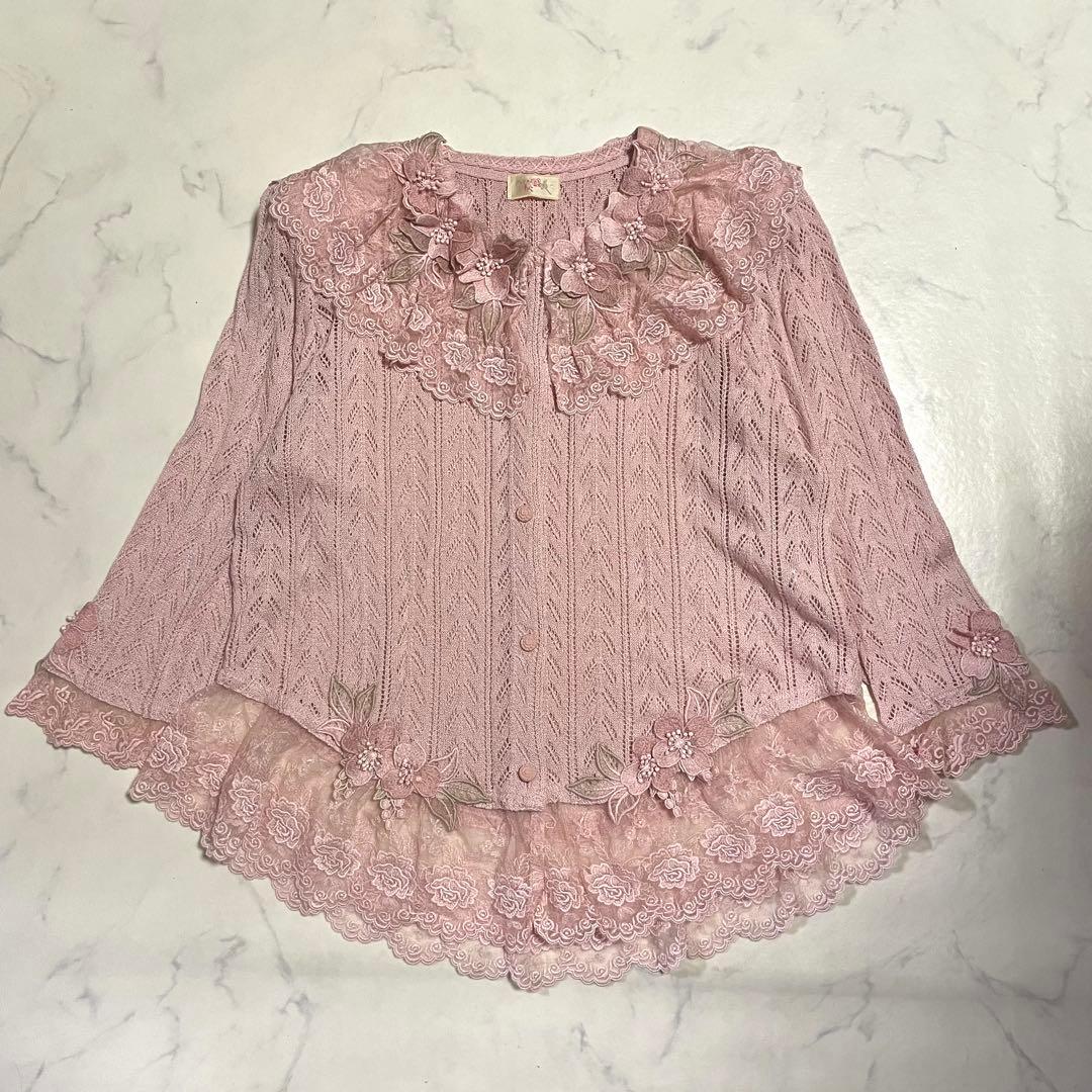 極美品♪アトリエまりこ レース襟 カーディガン お花刺繍 透かし編み ピンク