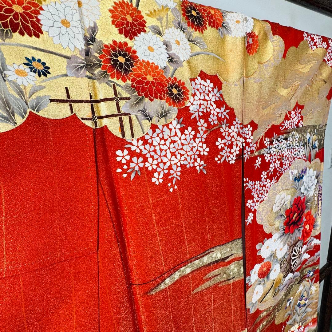 超美品　袷　広襟　振袖　現代　振袖　成人式　着物　橙　金　全通し　165裄68