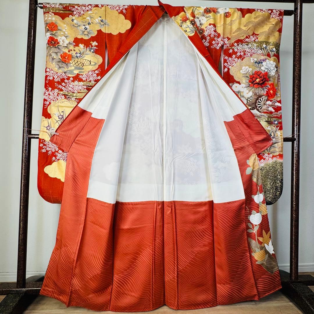 超美品　袷　広襟　振袖　現代　振袖　成人式　着物　橙　金　全通し　165裄68