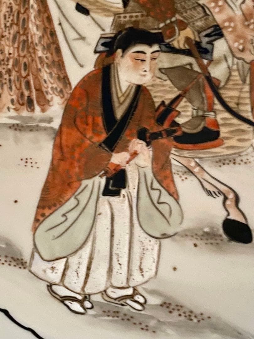 古九谷製赤絵窓武者図　大鉢(江戸後期～明治期)大武士 骨董