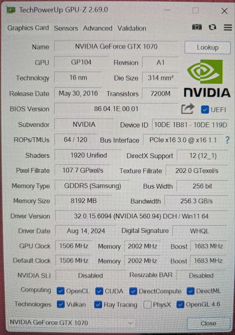 完動品 GeForce GTX 1070 8GB グラフィックボード