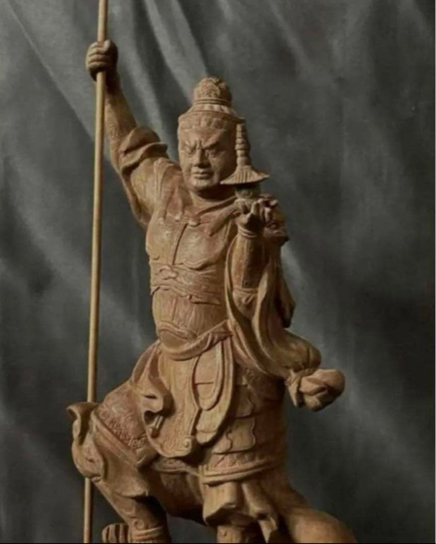 仏教工芸品　総楠製　井波彫刻　極上彫　木彫仏像　毘沙門天立像