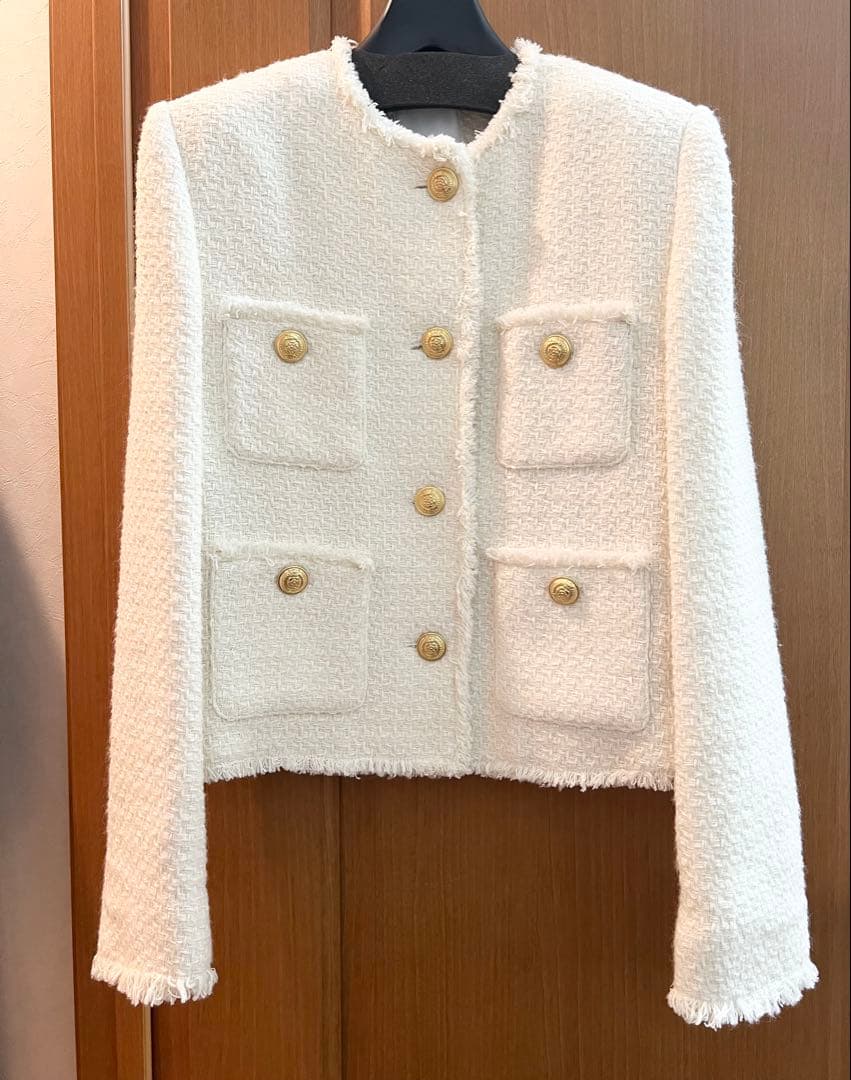 【新品 未使用】ノーカラー ツイード ジャケット 美シルエット