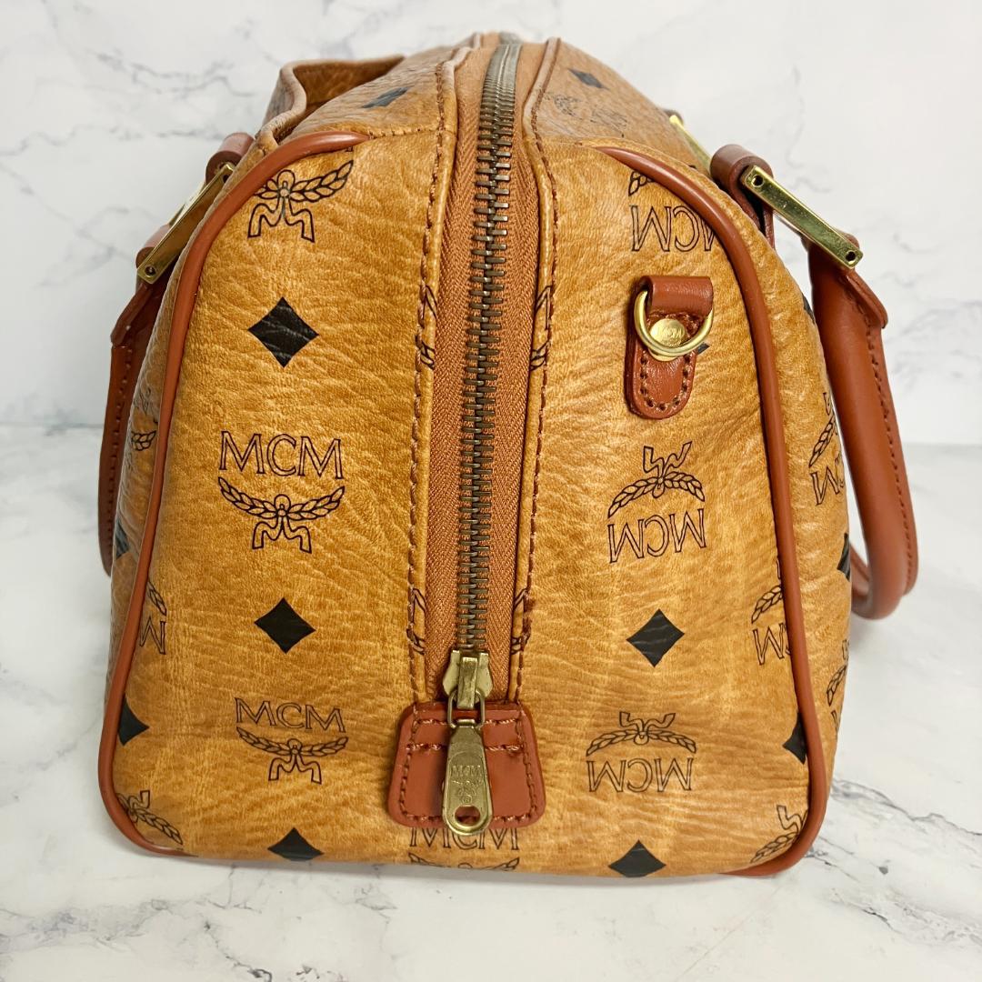 B702【美品】MCM★シボ革 ミニボストンバッグ ブラウン レザー