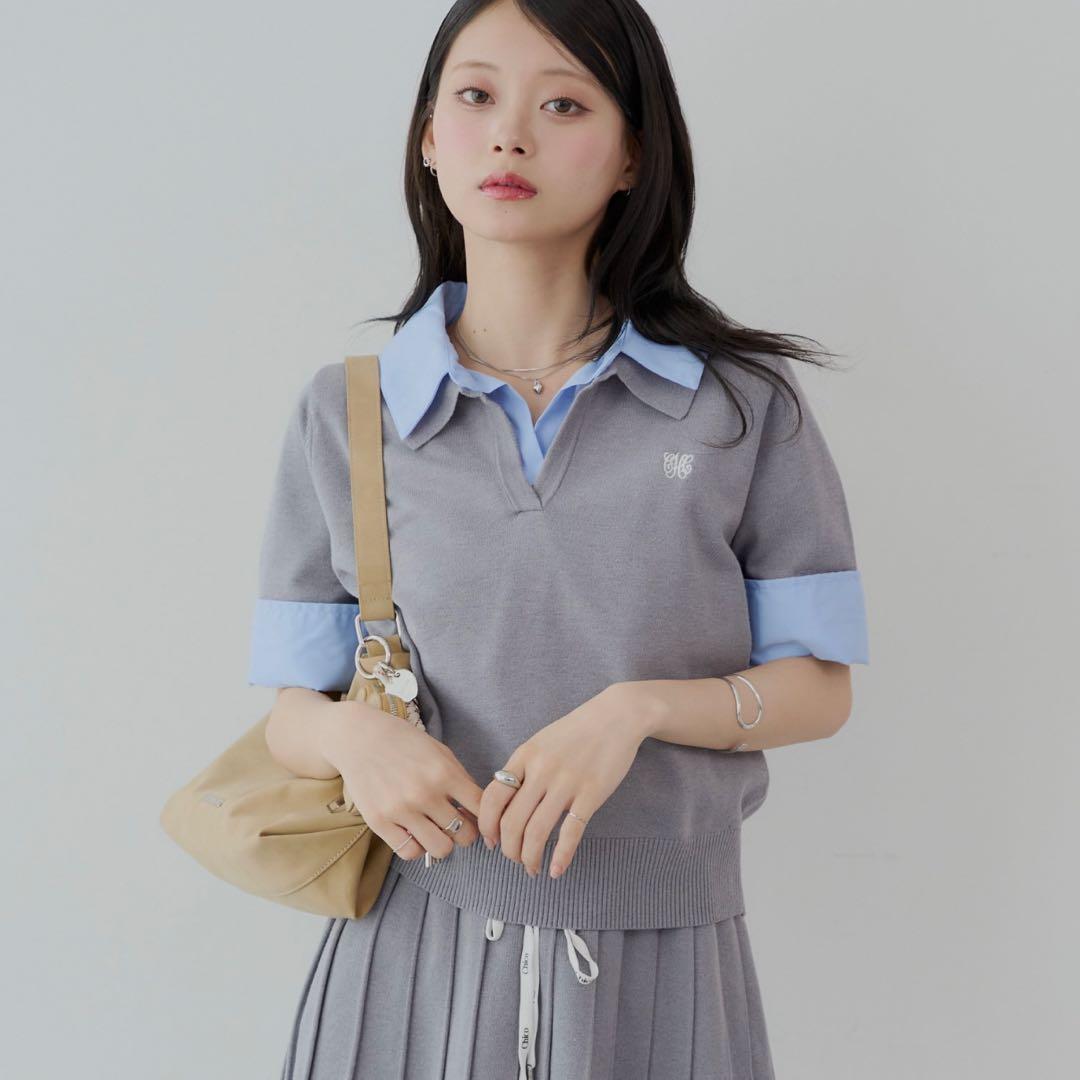 新品 タグ付き Chico 刺繍入り襟付きポロニット トップス