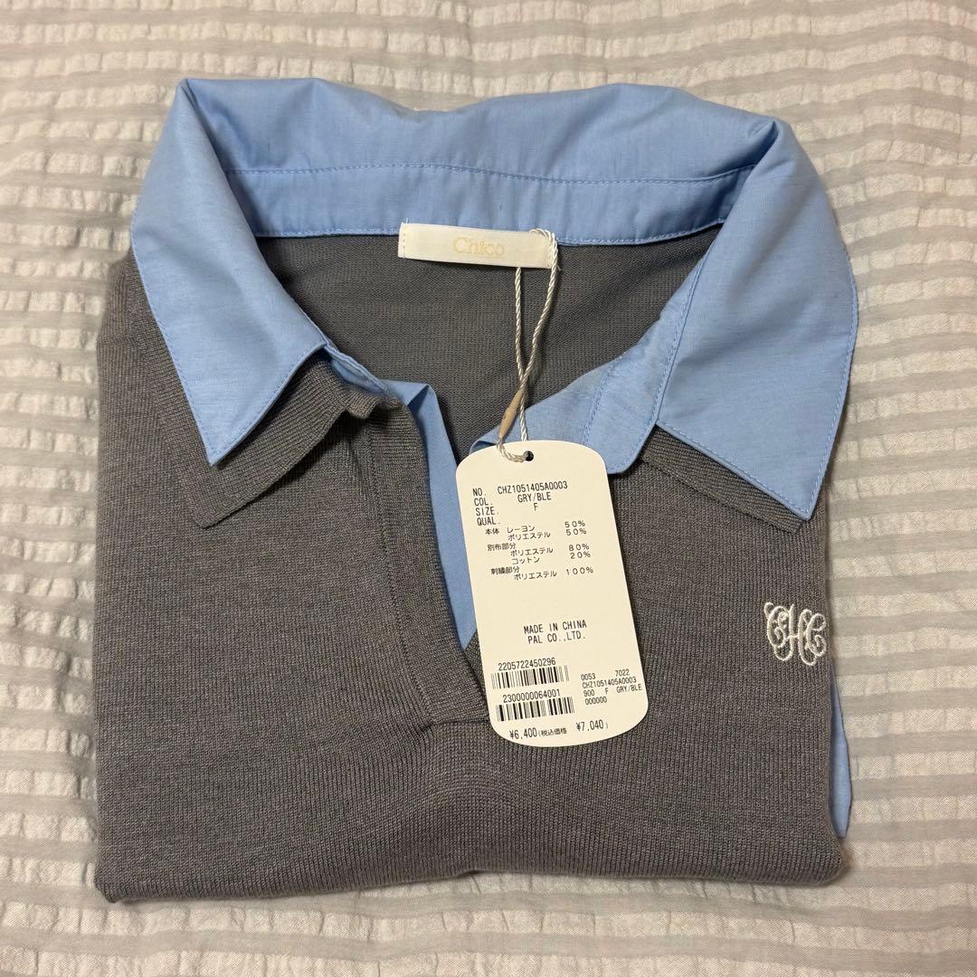 新品 タグ付き Chico 刺繍入り襟付きポロニット トップス