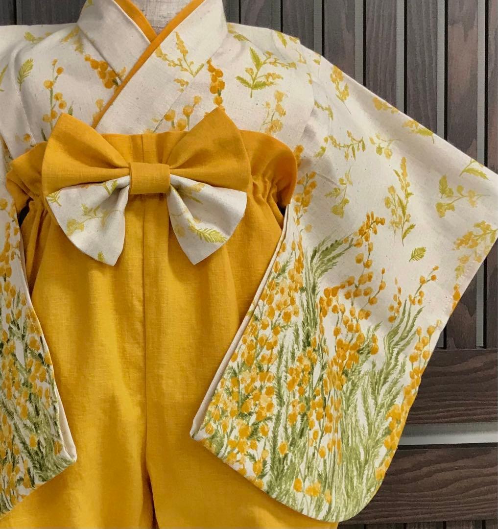 ベビー袴ハンドメイド　生成り地ミモザ柄×ミモザイエロー　初節句　お食い初め