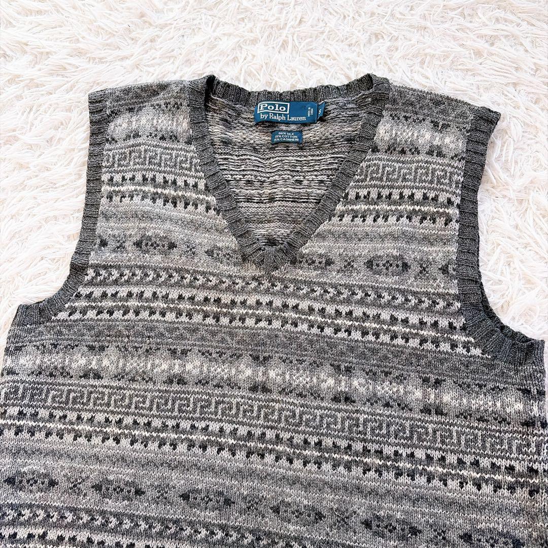 90s ポロバイラルフローレン　ニット　ベスト　シルク　カシミヤ　グレー　総柄