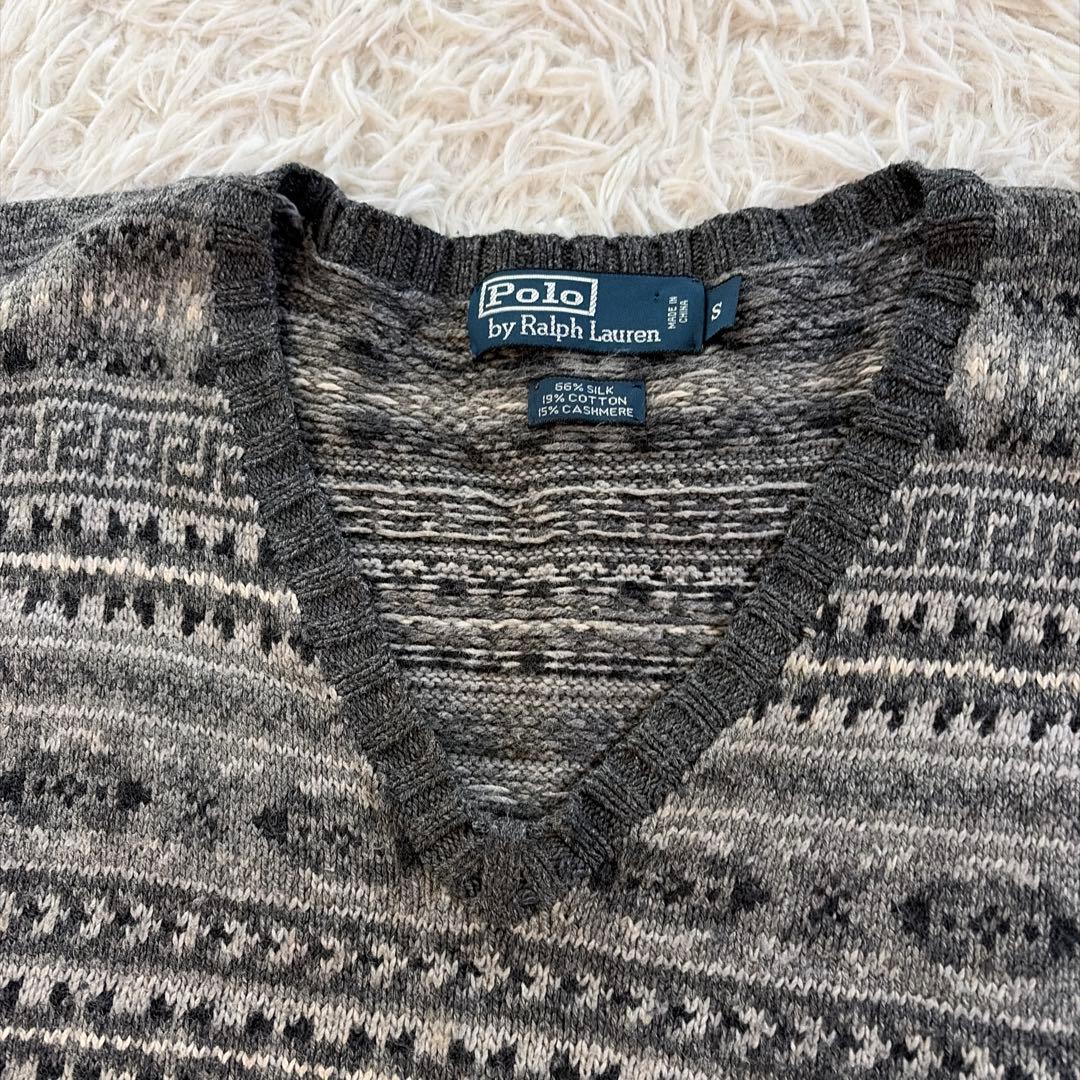 90s ポロバイラルフローレン　ニット　ベスト　シルク　カシミヤ　グレー　総柄