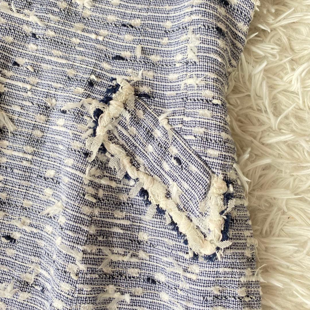 美品*Rene 高級TISSUE ツイードワンピース ひざ丈 フリンジ ブルー