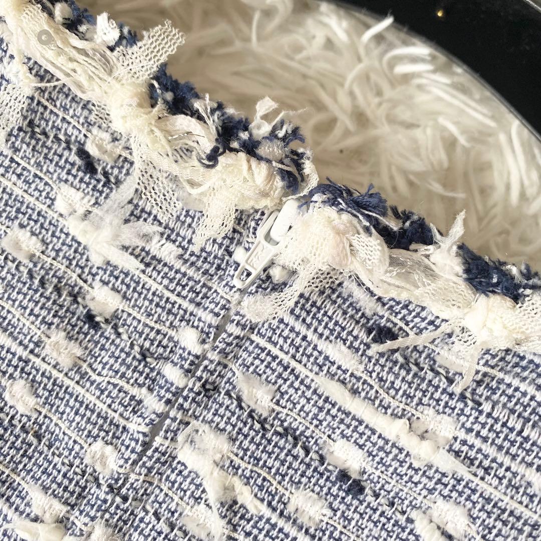 美品*Rene 高級TISSUE ツイードワンピース ひざ丈 フリンジ ブルー
