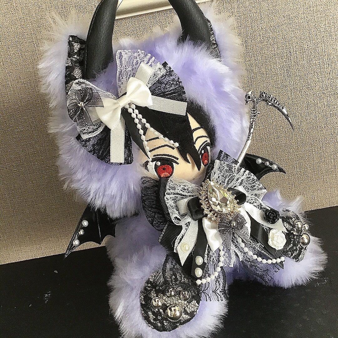 【110】おすわり　ねこ　悪魔　ぬい服　16cm 着ぐるみ　薄紫　ファー