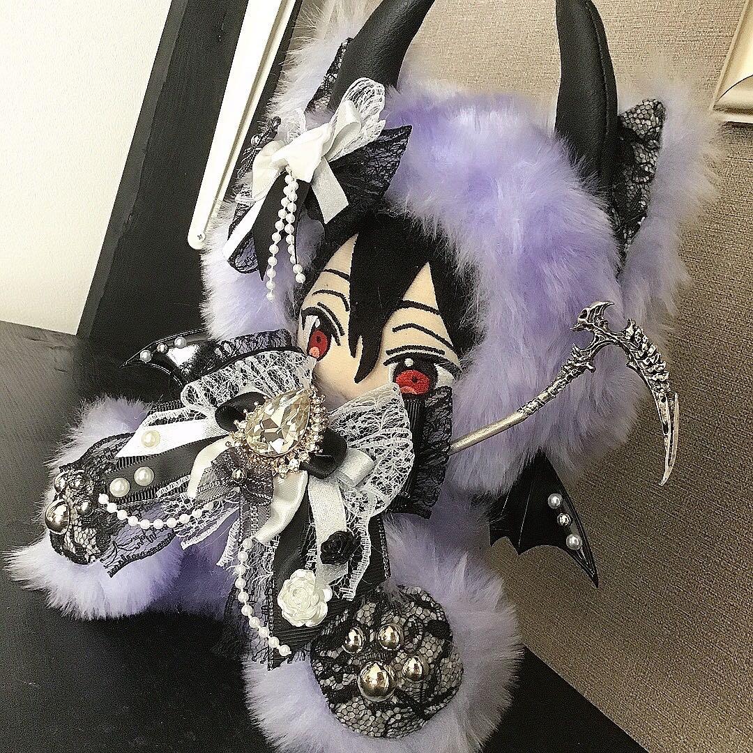 【110】おすわり　ねこ　悪魔　ぬい服　16cm 着ぐるみ　薄紫　ファー