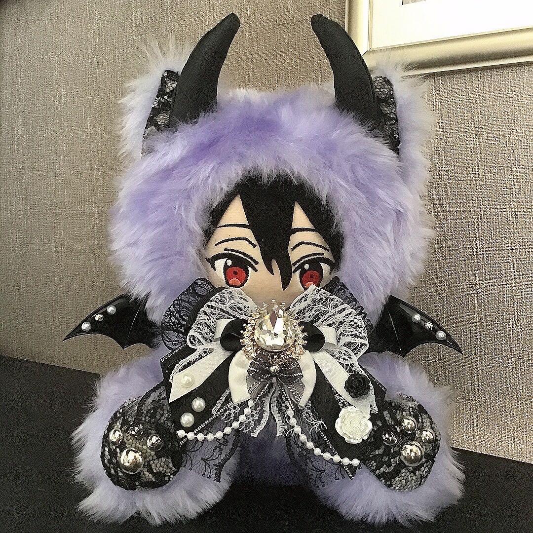 【110】おすわり　ねこ　悪魔　ぬい服　16cm 着ぐるみ　薄紫　ファー